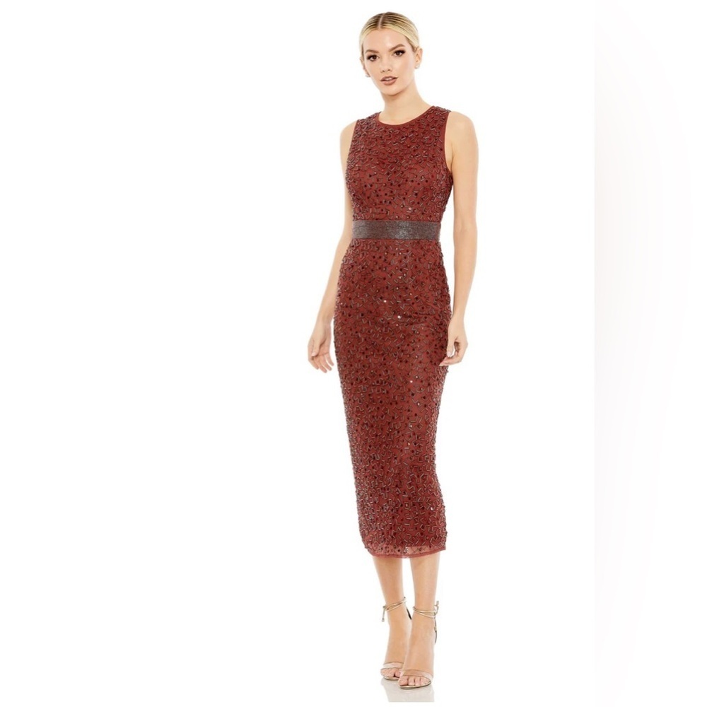 NWT Mac Duggal Brick Red Geometric Embellished Sleeveless A Line Dress 4